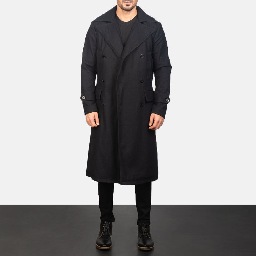 Detective 블랙 Wool 가죽 롱 코트 남성용