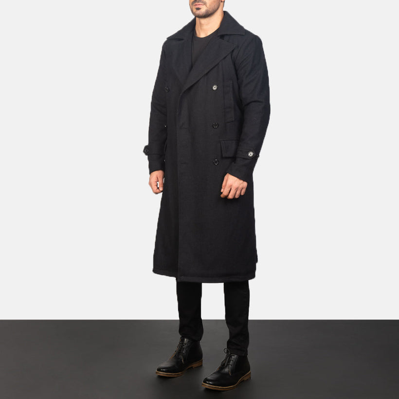 Detective 블랙 Wool 가죽 롱 코트 남성용