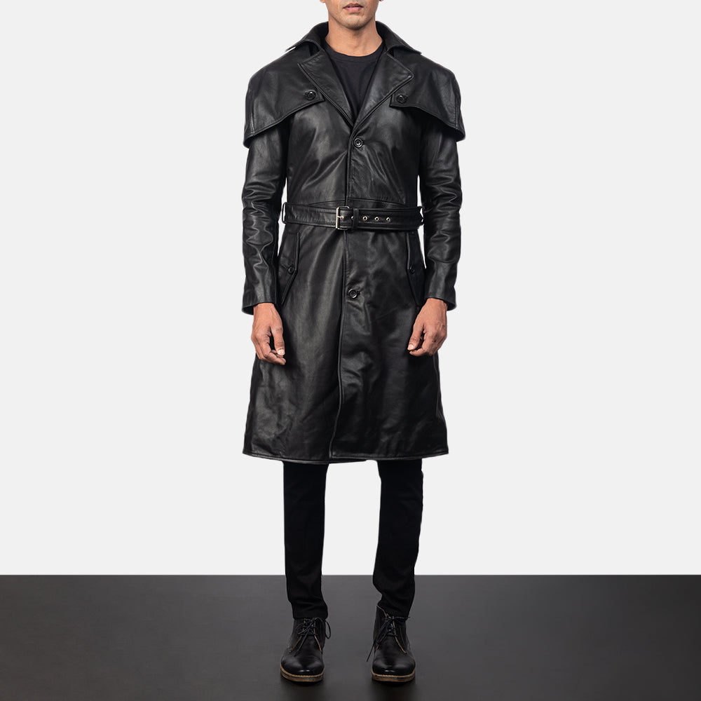 
Black Cowhide Leather Trench Coat - 어깨 라인과 깔끔한 밑단이 돋보이는 뒷면 뷰