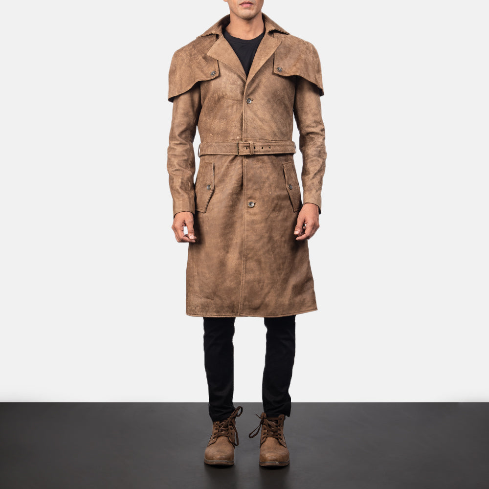 
클로즈업 상세 of Classic Collar & Buttons + Belt Hardware on Deux 브라운 Leather Duster 남성용