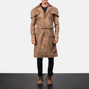 
클로즈업 상세 of Classic Collar & Buttons + Belt Hardware on Deux 브라운 Leather Duster 남성용