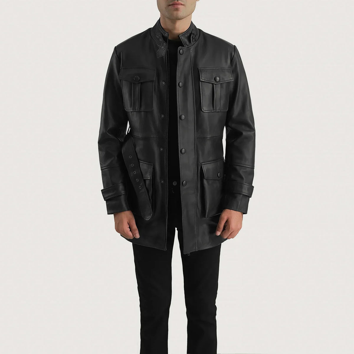 Dolf 블랙 가죽 자켓 남성용 in Black Cowhide Leather - Front Profile View &amp; Tailored Silhouette | Buy Online