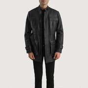 Dolf 블랙 가죽 자켓 남성용 in Black Cowhide Leather - Front Profile View &amp; Tailored Silhouette | Buy Online