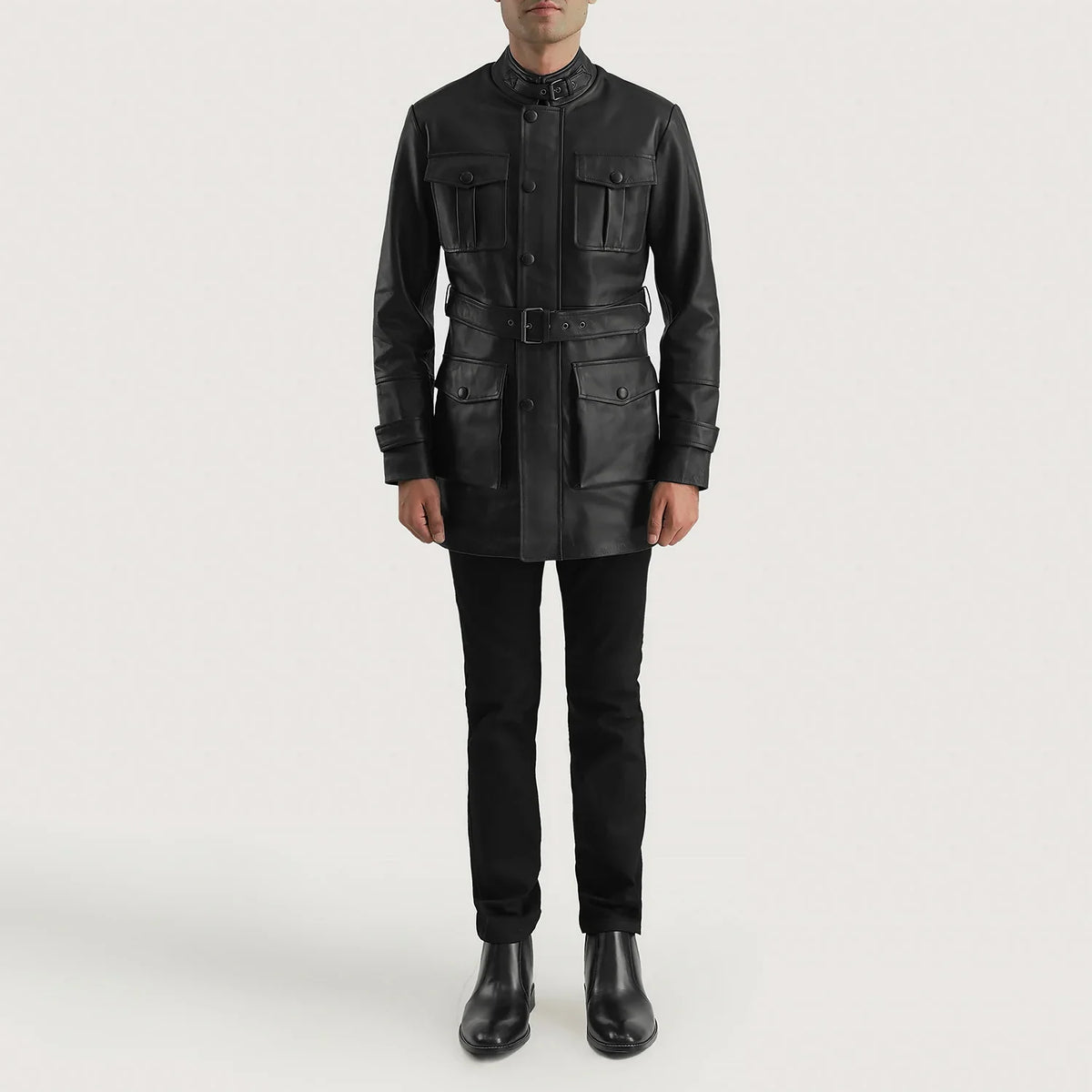 Dolf 블랙 가죽 자켓 남성용 - Lateral Side Profile View Showing Sleeve Cut &amp; Athletic Taper Fit