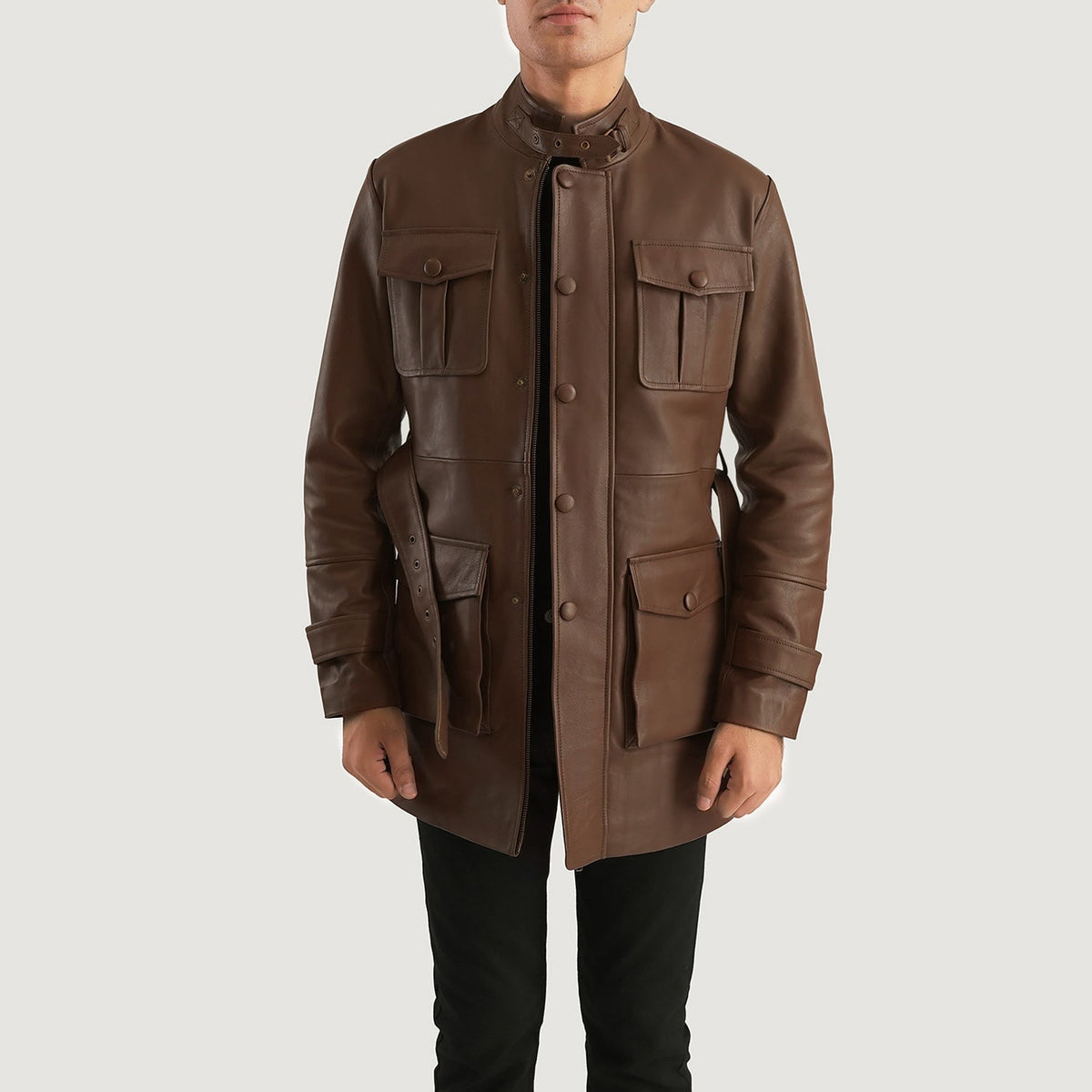 Dolf 브라운 가죽 자켓 남성용 - Lateral Side Profile View Showing Sleeve Cut &amp; Athletic Taper Fit