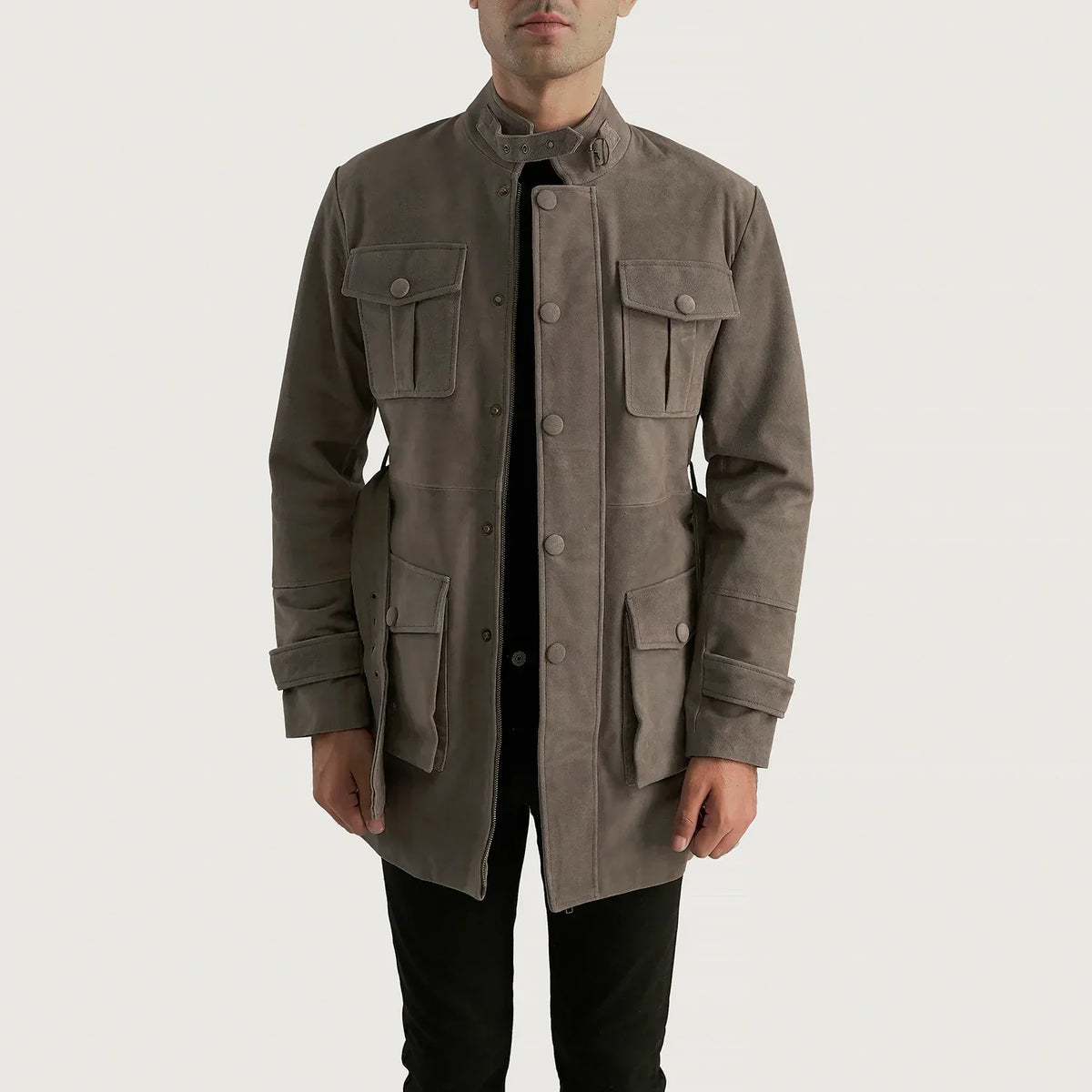 Dolf Grey 스웨이드 자켓 남성용 in Grey Cowhide Suede - Front Profile View &amp; Tailored Silhouette | Buy Online