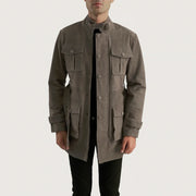 Dolf Grey 스웨이드 자켓 남성용 in Grey Cowhide Suede - Front Profile View &amp; Tailored Silhouette | Buy Online