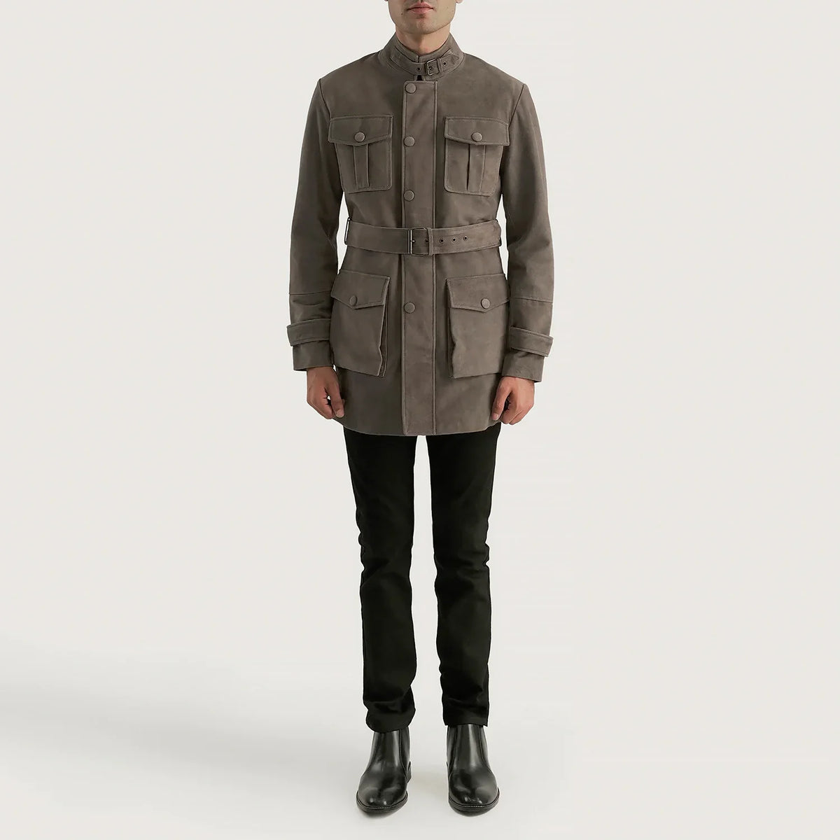 Dolf Grey 스웨이드 자켓 남성용 - Lateral Side Profile View Showing Sleeve Cut &amp; Athletic Taper Fit