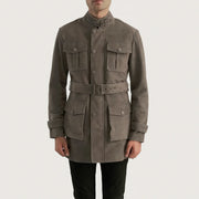 Close-Up Detail of High neck with Belt &amp; Snap button Hardware on Dolf Grey 스웨이드 자켓 남성용