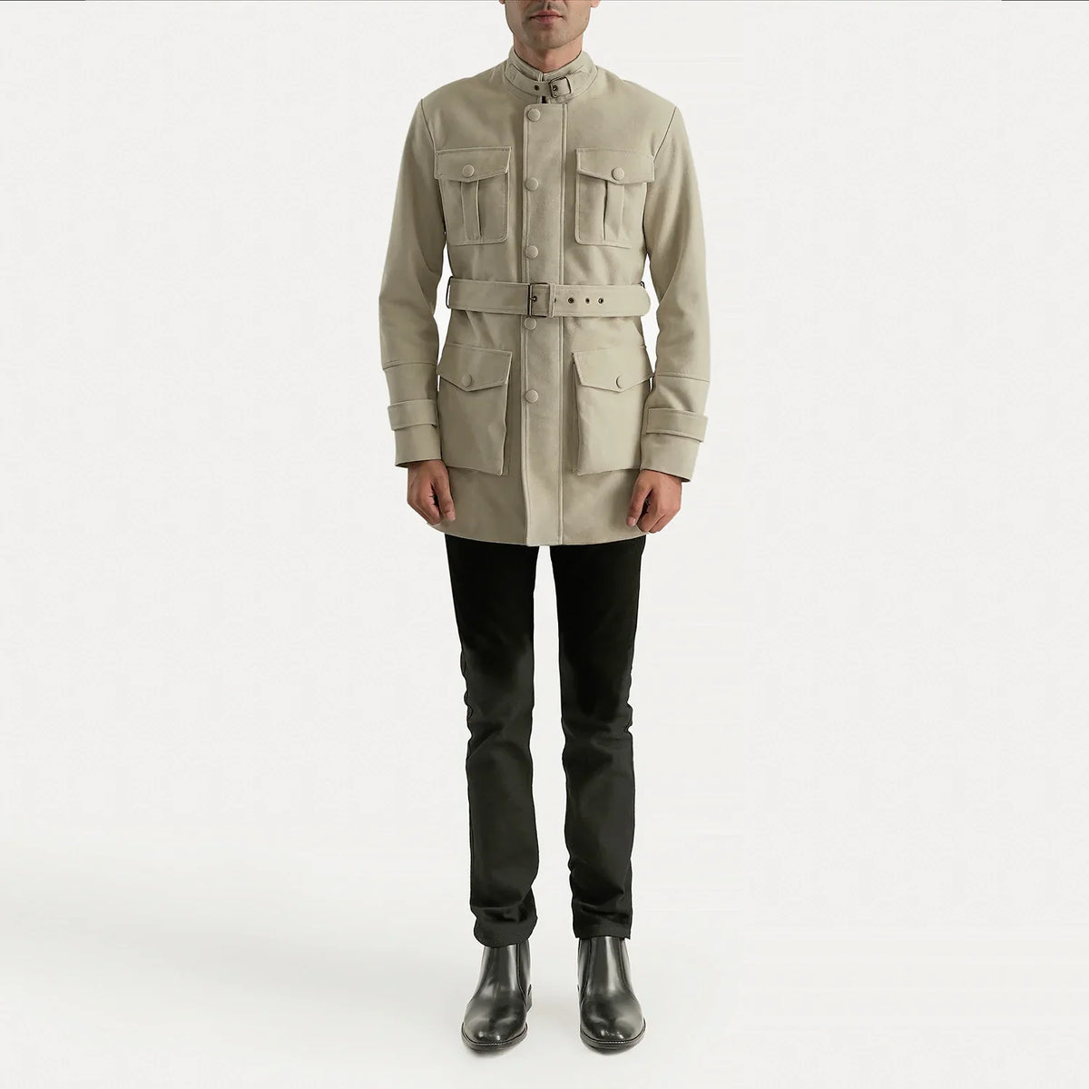 Dolf Off-White 스웨이드 자켓 남성용 - Lateral Side Profile View Showing Sleeve Cut &amp; Athletic Taper Fit