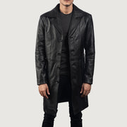 Men's Don Long 블랙 가죽 롱 코트 남성용 in Black Cowhide Leather - Front Profile View &amp; Tailored Silhouette | Buy Online