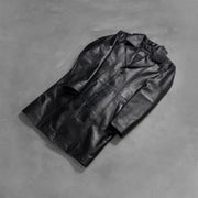 Styled Fit Perspective of Men's Don Long 블랙 가죽 롱 코트 남성용 on Model - Natural Daylight Drape
