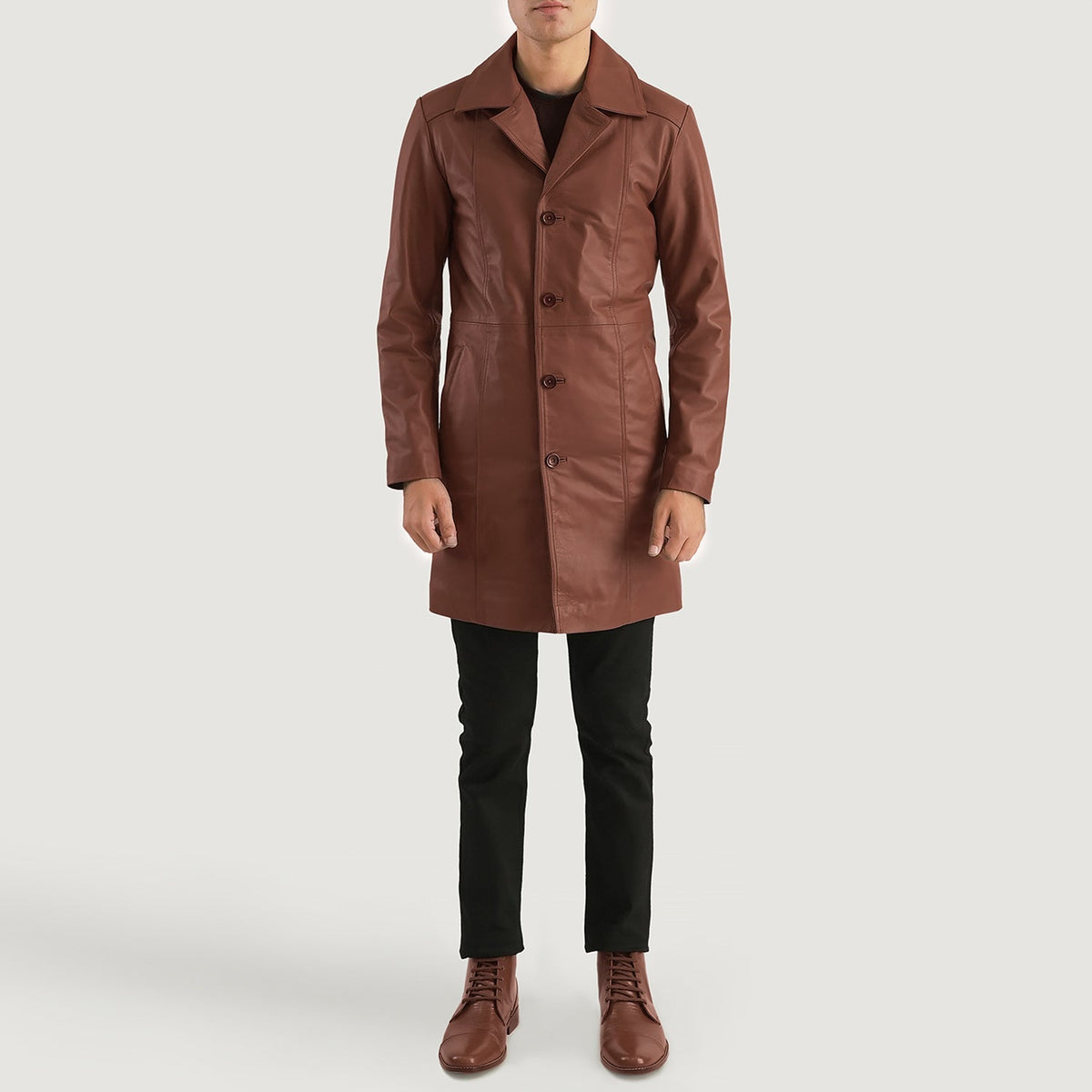 Don Long 브라운 가죽 롱 코트 남성용 - Lateral Side Profile View Showing Sleeve Cut &amp; Athletic Taper Fit