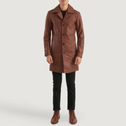Don Long 브라운 가죽 롱 코트 남성용 - Lateral Side Profile View Showing Sleeve Cut &amp; Athletic Taper Fit