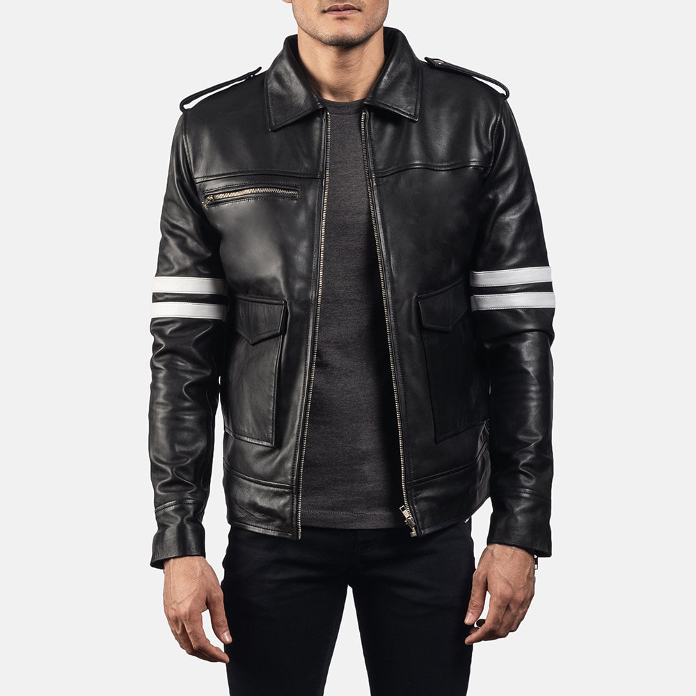 Dragonhide 블랙 가죽 자켓 남성용 - Lateral Side Profile View Showing Sleeve Cut &amp; Athletic Taper Fit