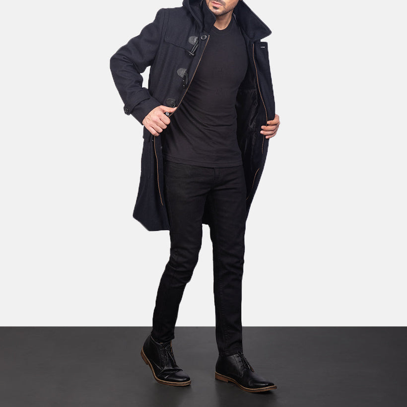 Drake 블랙 Wool Hooded Duffle 가죽 롱 코트 남성용