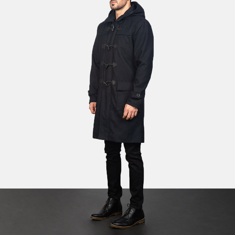 Drake 블랙 Wool Hooded Duffle 가죽 롱 코트 남성용