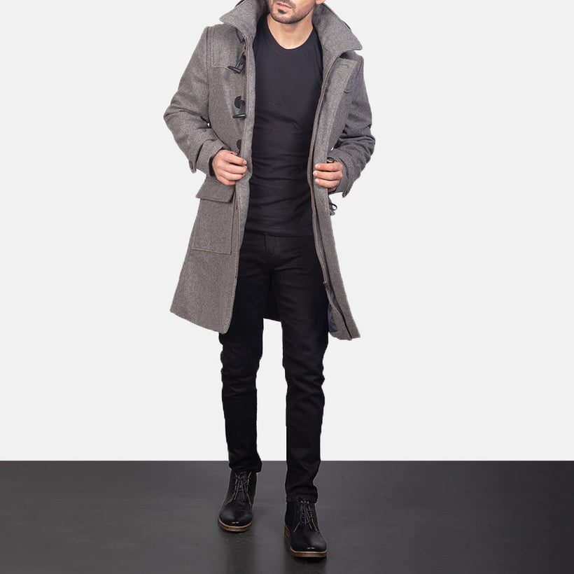Drake Grey Wool Hooded Duffle 가죽 롱 코트 남성용