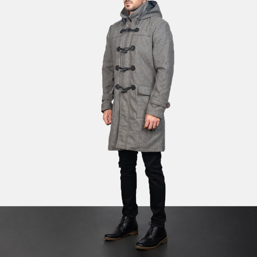 Drake Grey Wool Hooded Duffle 가죽 롱 코트 남성용