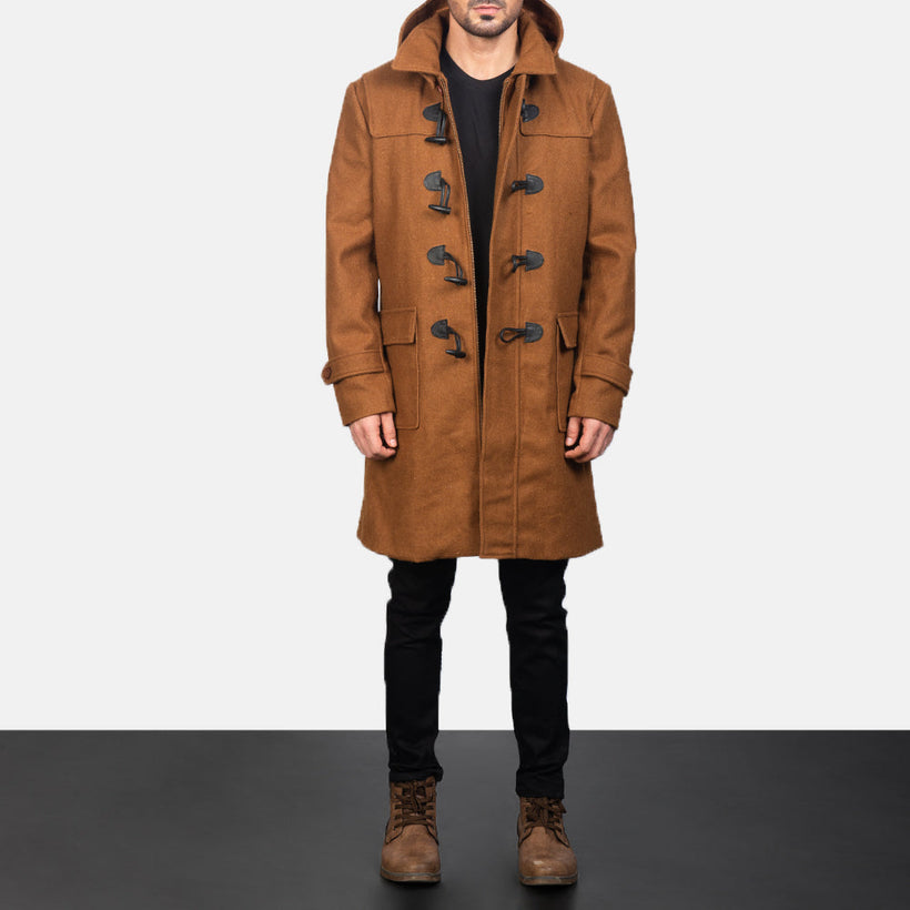 Drake Khaki Wool Hooded Duffle 가죽 롱 코트 남성용