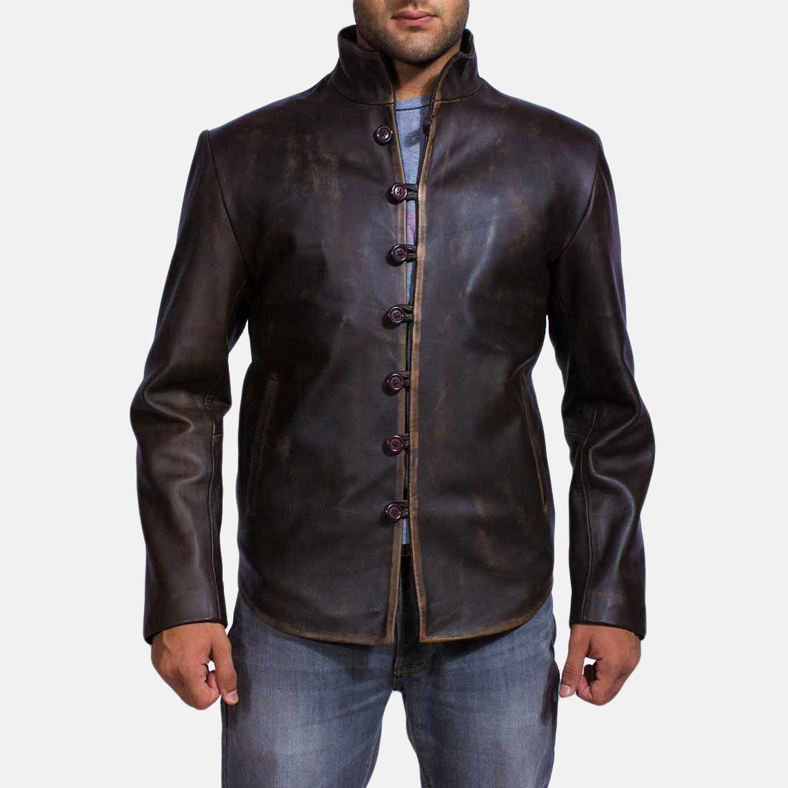 Men's Drakeshire 브라운 가죽 자켓 남성용 in Distressed Brown Goatskin Leather - Front Profile View &amp; Tailored Silhouette | Buy Online