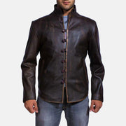 Men's Drakeshire 브라운 가죽 자켓 남성용 in Distressed Brown Goatskin Leather - Front Profile View &amp; Tailored Silhouette | Buy Online