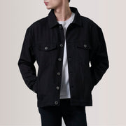 Eddie 블랙 Oversized Denim Trucker 가죽 자켓 남성용 For Men in Black Full-Grain Leather - Front Profile View &amp; Tailored Silhouette | Buy Online