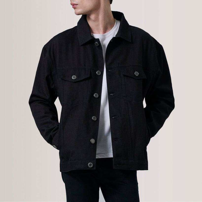 Eddie 블랙 Oversized Denim Trucker 가죽 자켓 남성용