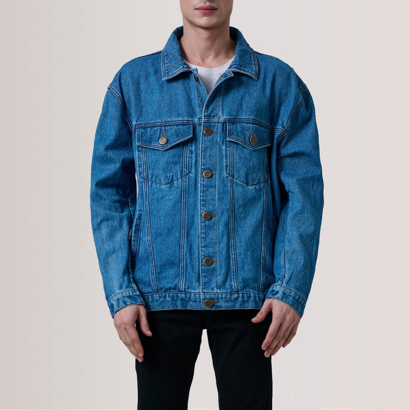 Eddie Dark Blue Oversized Denim Trucker 가죽 자켓 남성용