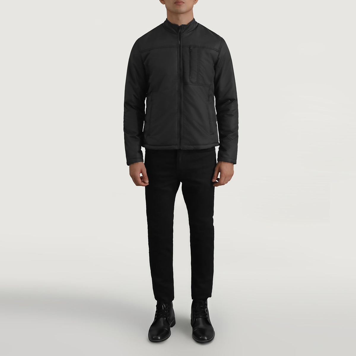 Elliot 블랙 Lightweight 가죽 자켓 남성용 - Lateral Side Profile View Showing Sleeve Cut &amp; Athletic Taper Fit