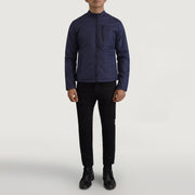 Elliot Blue Lightweight 가죽 자켓 남성용 - Lateral Side Profile View Showing Sleeve Cut &amp; Athletic Taper Fit