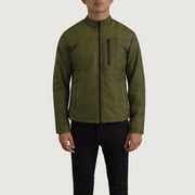 Close-Up Detail of Classic Collar &amp; Zipper Hardware on Elliot Green Lightweight 가죽 자켓 남성용