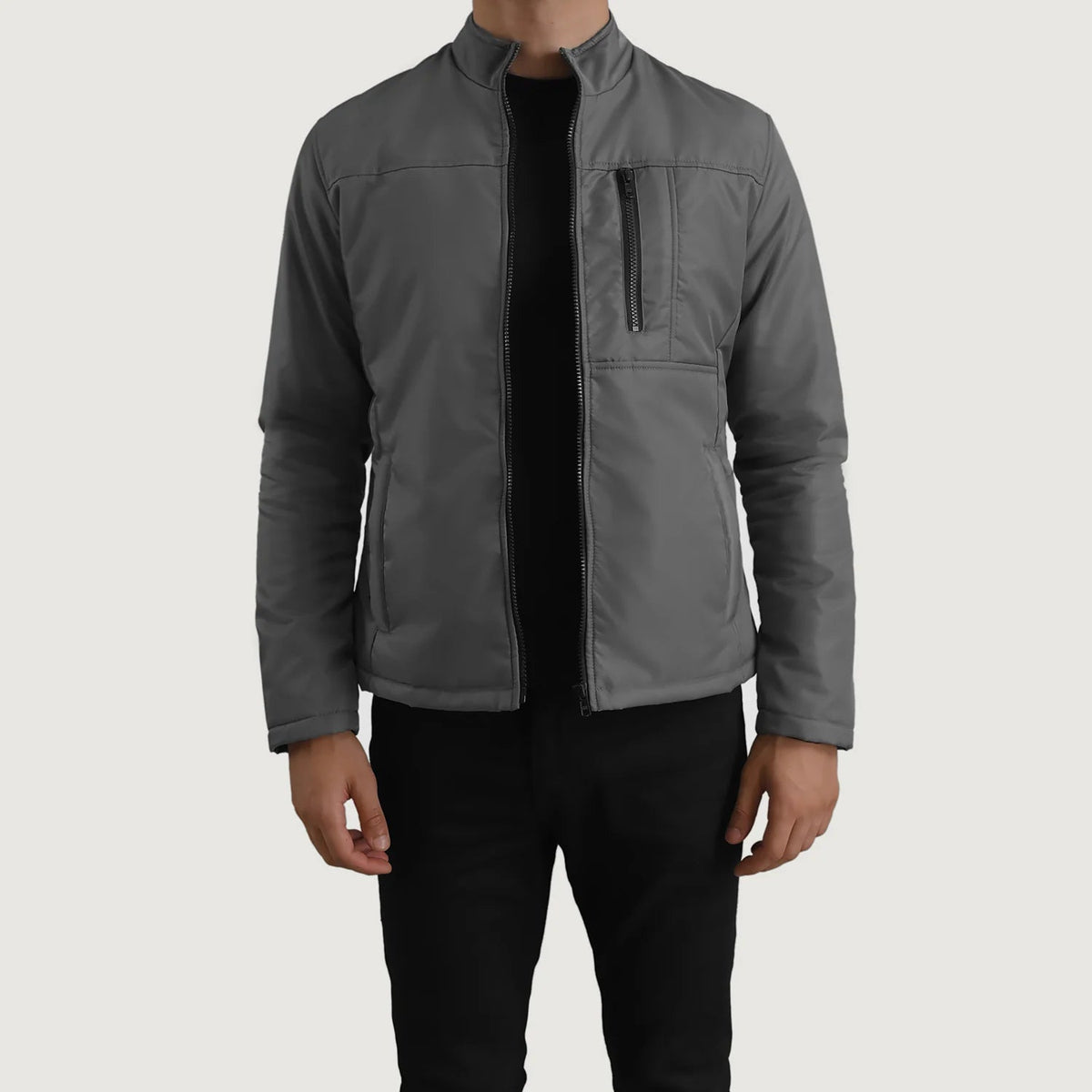 Elliot Grey Lightweight 가죽 자켓 남성용 in Grey Full-Grain Leather - Front Profile View &amp; Tailored Silhouette | Buy Online