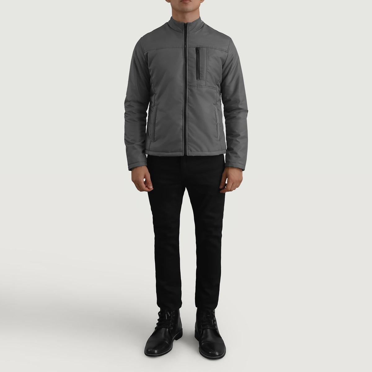 Elliot Grey Lightweight 가죽 자켓 남성용 - Lateral Side Profile View Showing Sleeve Cut &amp; Athletic Taper Fit