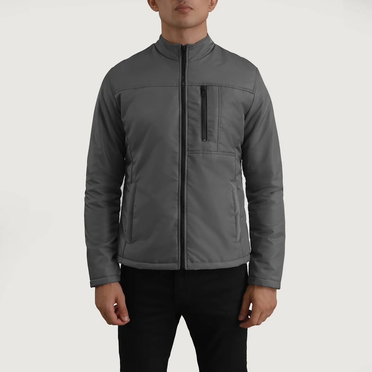 Close-Up Detail of Classic Collar &amp; Zipper Hardware on Elliot Grey Lightweight 가죽 자켓 남성용