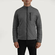 Close-Up Detail of Classic Collar &amp; Zipper Hardware on Elliot Grey Lightweight 가죽 자켓 남성용