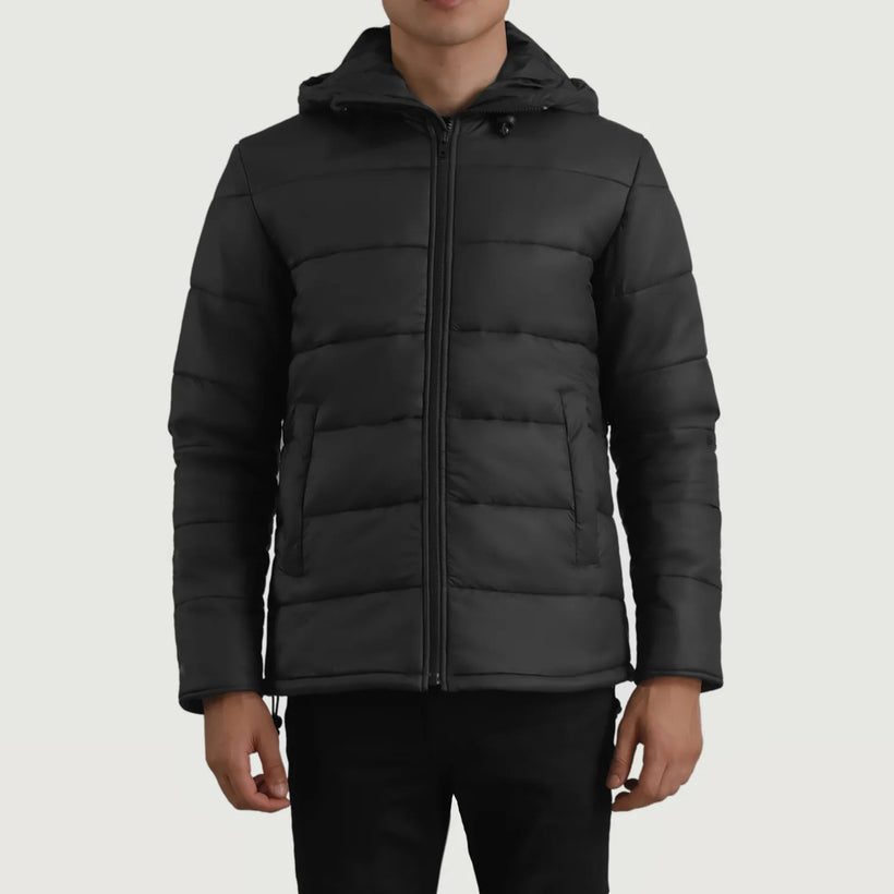 Erico 블랙 Hooded Puffer 가죽 자켓 남성용