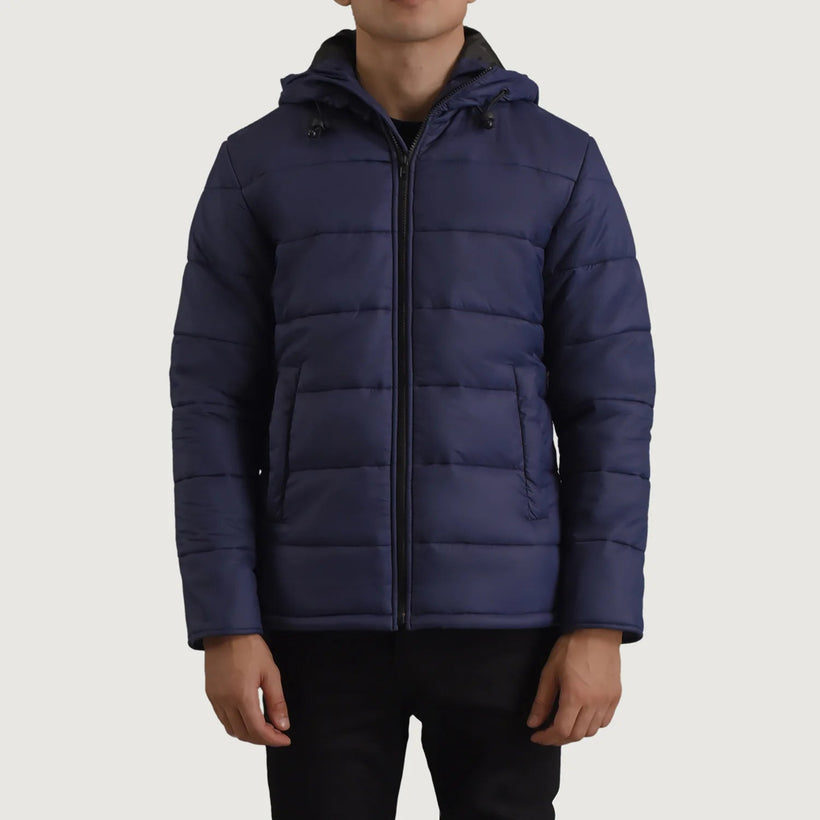 Erico 블루 Hooded Puffer 가죽 자켓 남성용