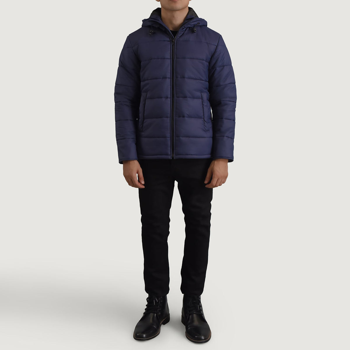 Erico Blue Hooded Puffer 가죽 자켓 남성용 - Lateral Side Profile View Showing Sleeve Cut &amp; Athletic Taper Fit