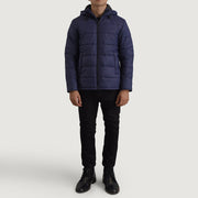 Erico Blue Hooded Puffer 가죽 자켓 남성용 - Lateral Side Profile View Showing Sleeve Cut &amp; Athletic Taper Fit