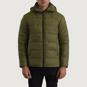 
Erico 그린 Hooded Puffer 가죽 자켓 남성용 in Green Full-Grain Leather - 정면 스타일 및 테일러드 실루엣 | 공식 온라인 스토어 구매