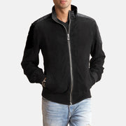 Men's Ethan Hybrid Suede 가죽 봄버 자켓 남성용 in Black Goatskin Suede - Front Profile View &amp; Tailored Silhouette | Buy Online