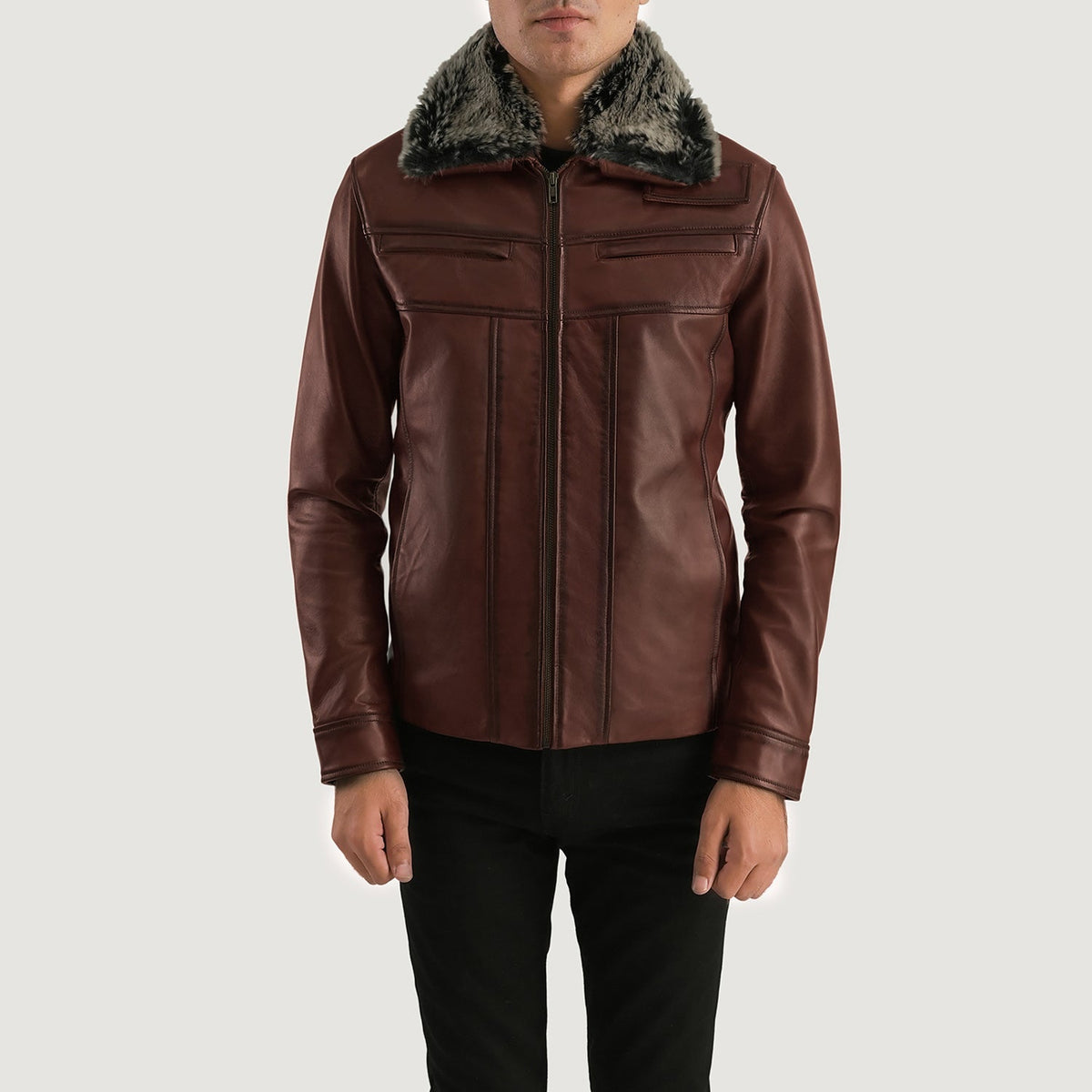 Men's Evan Hart Fur 브라운 가죽 자켓 남성용 in Distressed Brown Sheepskin Burnishing - Front Profile View &amp; Tailored Silhouette | Buy Online