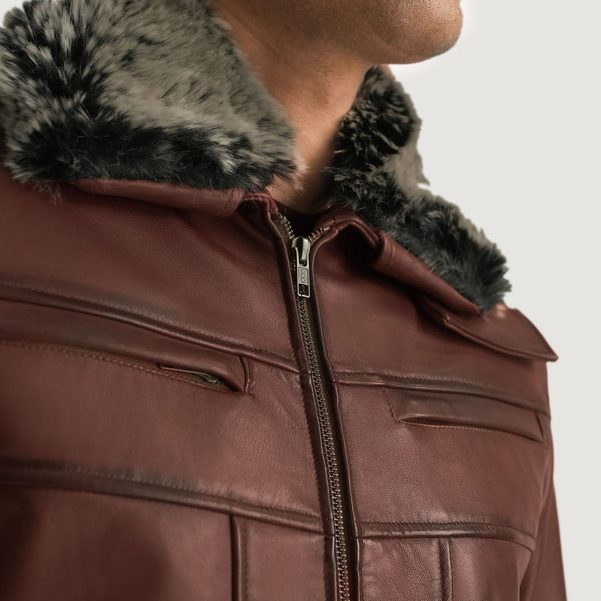 Men's Evan Hart Fur 브라운 가죽 자켓 남성용 - Lateral Side Profile View Showing Sleeve Cut &amp; Athletic Taper Fit