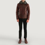Close-Up Detail of Shirt &amp; Zipper Hardware on Men's Evan Hart Fur 브라운 가죽 자켓 남성용