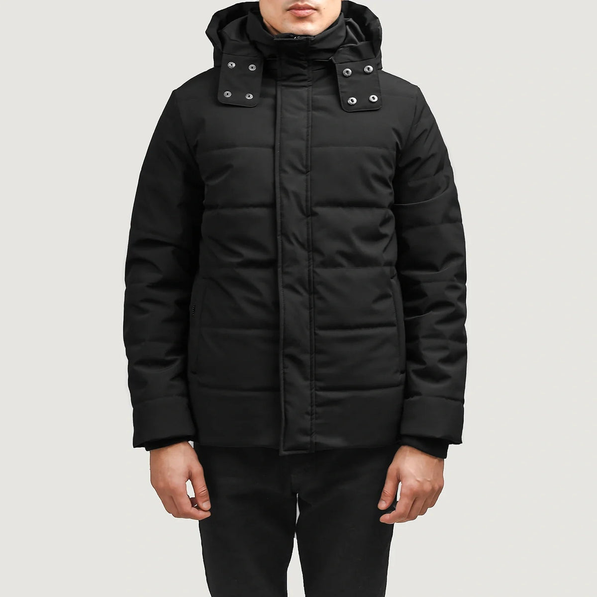 Exton 블랙 Hooded Down Puffer 가죽 자켓 남성용 in Black Full-Grain Leather - Front Profile View &amp; Tailored Silhouette | Buy Online