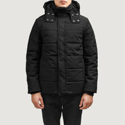 Exton 블랙 Hooded Down Puffer 가죽 자켓 남성용 in Black Full-Grain Leather - Front Profile View &amp; Tailored Silhouette | Buy Online