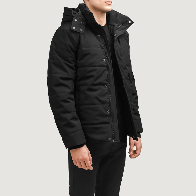 Exton 블랙 Hooded Down Puffer 가죽 자켓 남성용