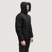 Exton 블랙 Hooded Down Puffer 가죽 자켓 남성용 - Lateral Side Profile View Showing Sleeve Cut &amp; Athletic Taper Fit