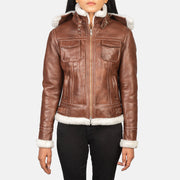 
Fiona Brown Hooded Shearling Leather Jacket in Brown Sheepskin Snuffed - 정면 스타일 및 테일러드 실루엣 | 공식 온라인 스토어 구매
